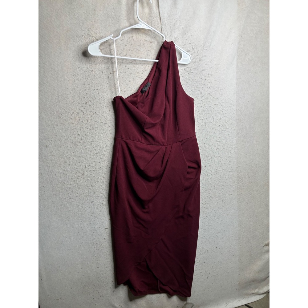 Lulus Burgundy One Shoulder Draped Cocktail Midi Dress XL Wine Red 9163